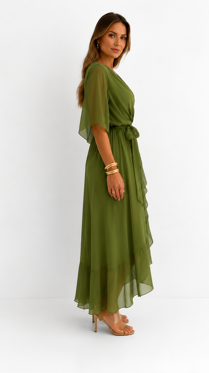 Women's Chiffon Wrap Dress with Flowing Sleeves