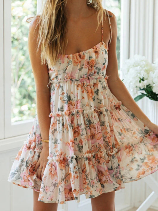 Dahlia | Damesjurk – Sexy Bedrukte Suspenderjurk in Resortstijl met Volledige Print