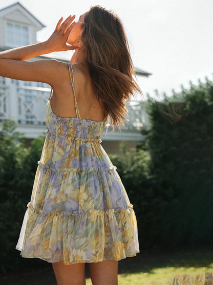 Dahlia | Damesjurk – Sexy Bedrukte Suspenderjurk in Resortstijl met Volledige Print