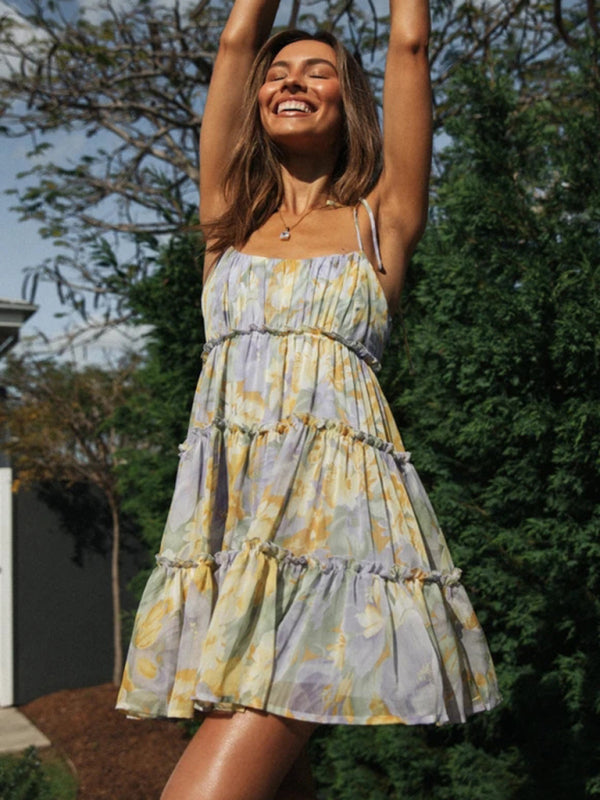 Dahlia | Damesjurk – Sexy Bedrukte Suspenderjurk in Resortstijl met Volledige Print