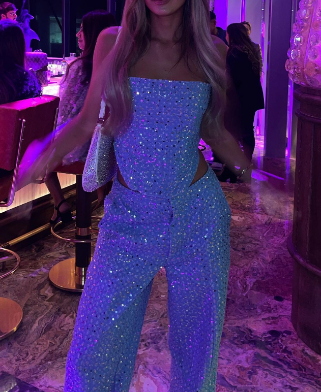 Cressida | Dames Set – Glitter Tweedelige Outfit met Strapless Top en Rechte Broek