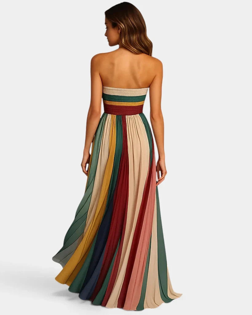 Women's Strapless Pleated Maxi Dress - Multicolor Evening Gown