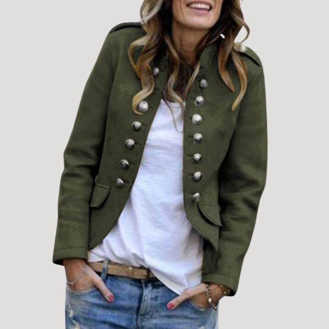 Women's Cropped Military Jacket with Double-Breasted Silver Buttons