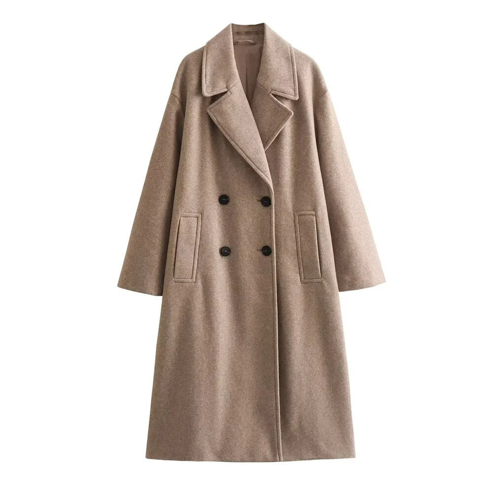 Women's Long Double-Breasted Coat with Wide Notch Lapel