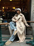 Women's Long Double-Breasted Coat with Wide Notch Lapel