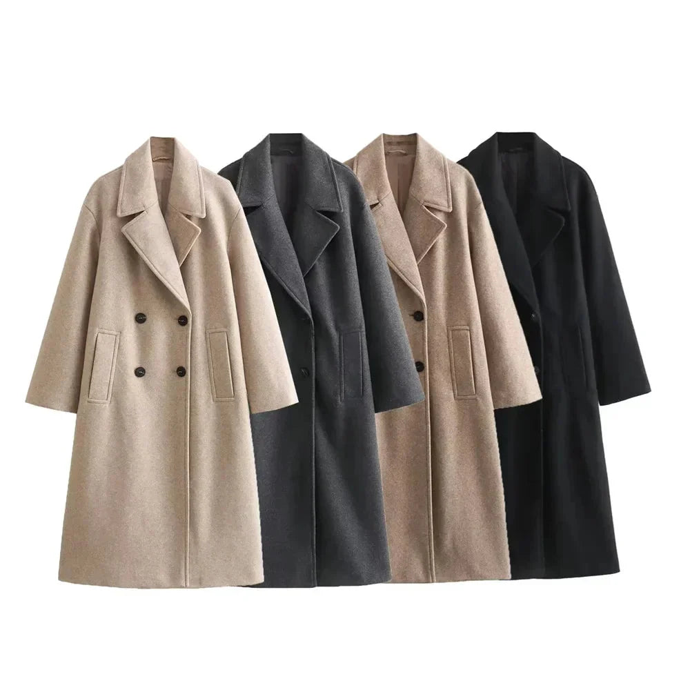 Women's Long Double-Breasted Coat with Wide Notch Lapel