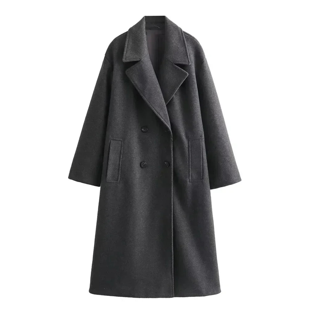 Women's Long Double-Breasted Coat with Wide Notch Lapel