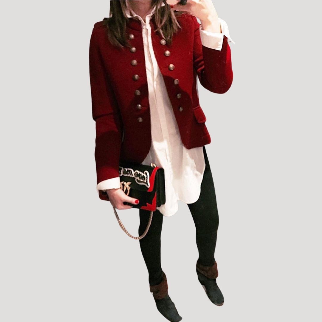 Women's Cropped Military Jacket with Double-Breasted Silver Buttons