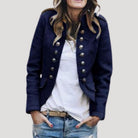Women's Cropped Military Jacket with Double-Breasted Silver Buttons