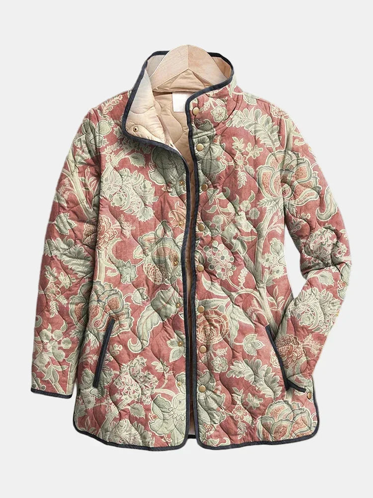 Women's Floral Print Quilted Jacket with Snap-Button Front