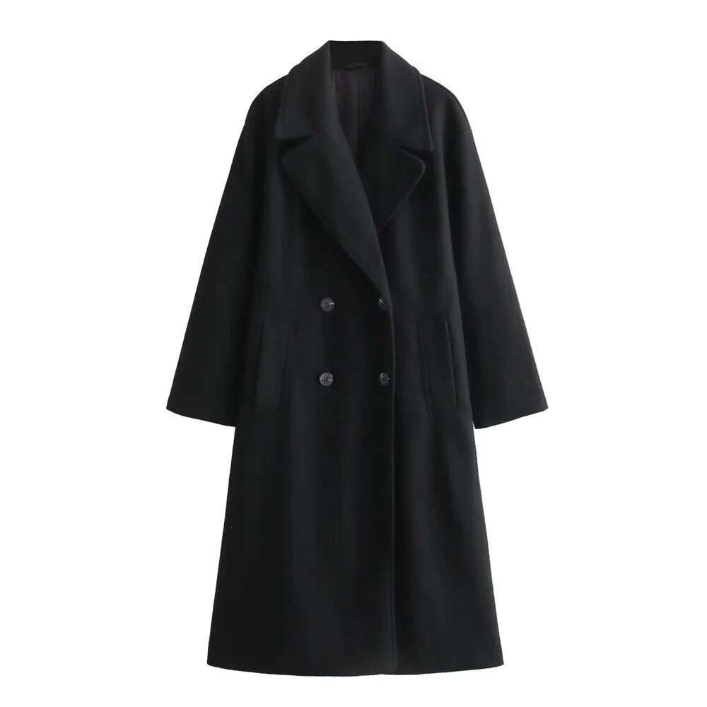 Women's Long Double-Breasted Coat with Wide Notch Lapel