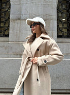 Women's Long Double-Breasted Coat with Wide Notch Lapel