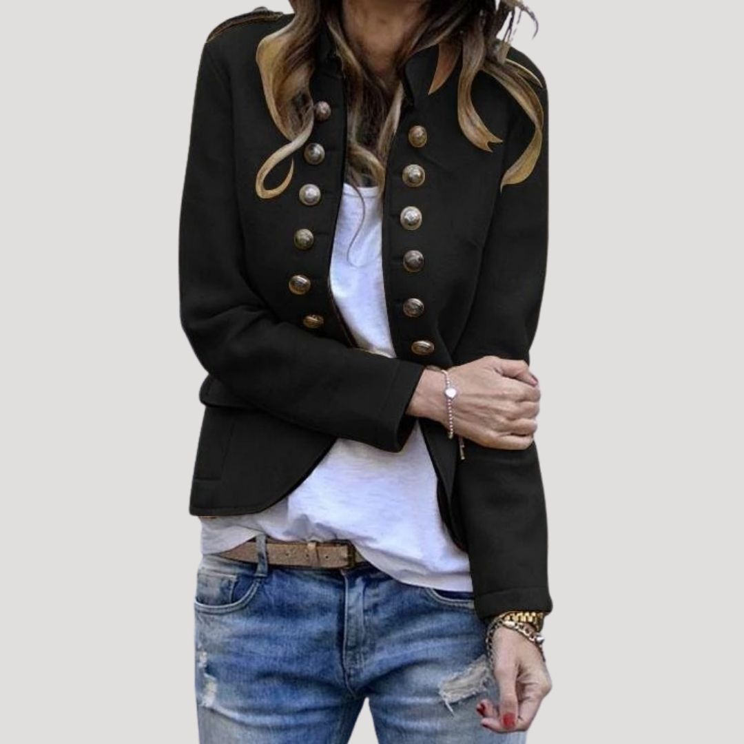 Women's Cropped Military Jacket with Double-Breasted Silver Buttons