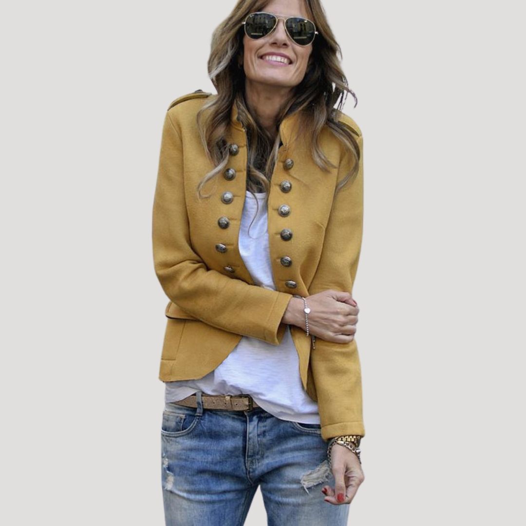 Women's Cropped Military Jacket with Double-Breasted Silver Buttons