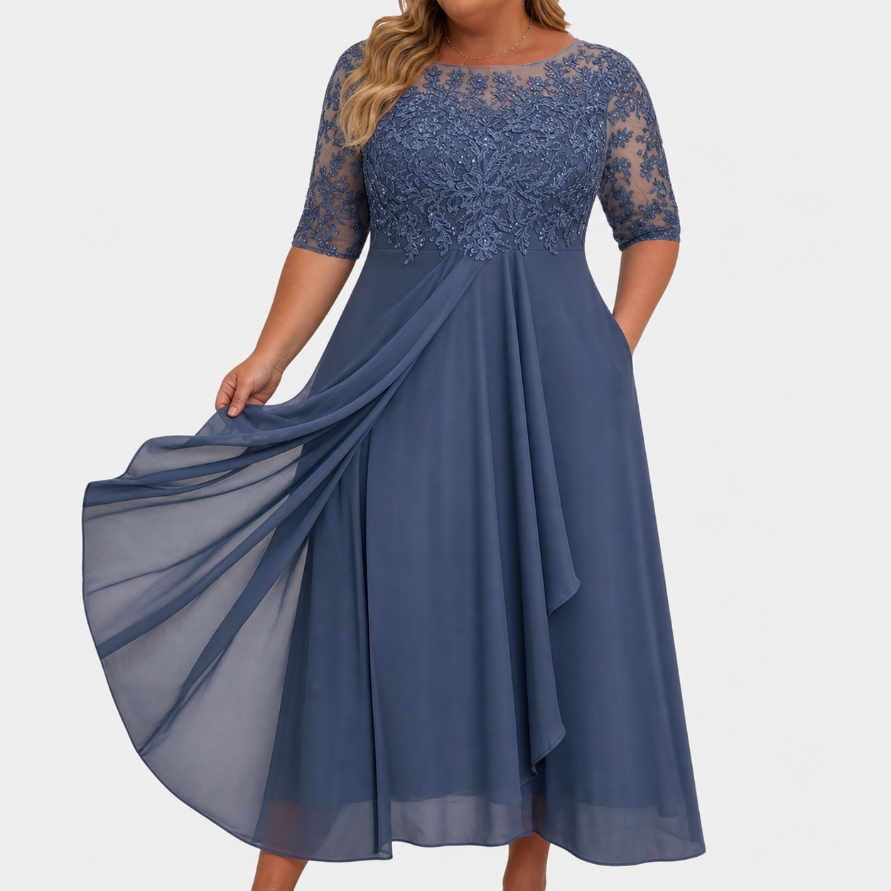 Women's Lace Cocktail Dress with Layered Chiffon Skirt
