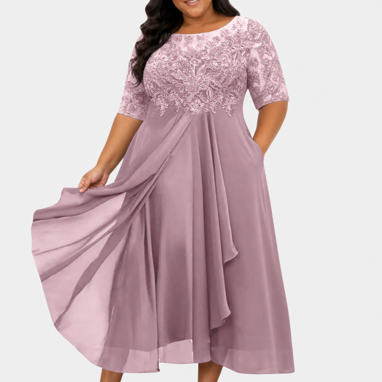 Women's Lace Cocktail Dress with Layered Chiffon Skirt