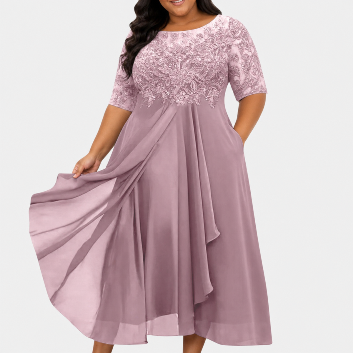 Women's Lace Cocktail Dress with Layered Chiffon Skirt