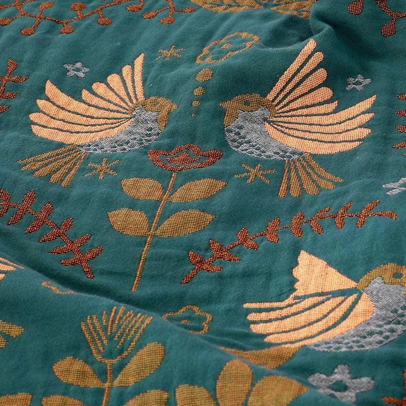 Reversible Katoenen Dekentje – Met Gouden Vogels, Scandinavische Stijl