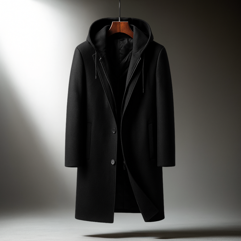 Men's Winter Coat with Hood - Wool Blend Full-Zip Overcoat