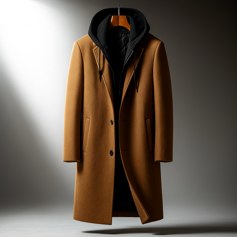 Men's Winter Coat with Hood - Wool Blend Full-Zip Overcoat