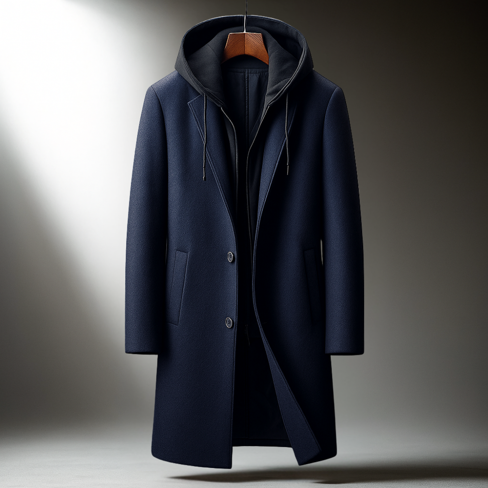 Men's Winter Coat with Hood - Wool Blend Full-Zip Overcoat