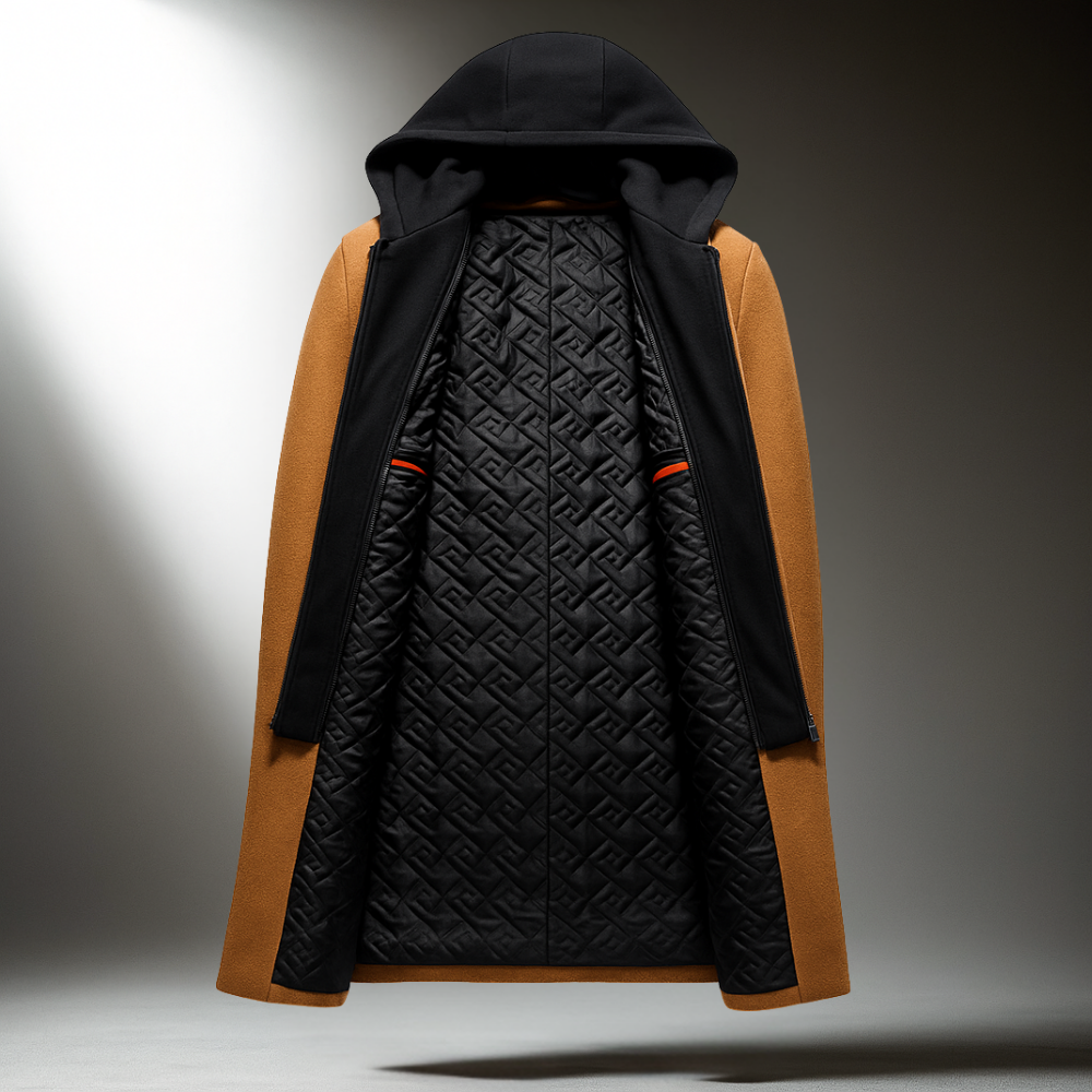 Men's Winter Coat with Hood - Wool Blend Full-Zip Overcoat