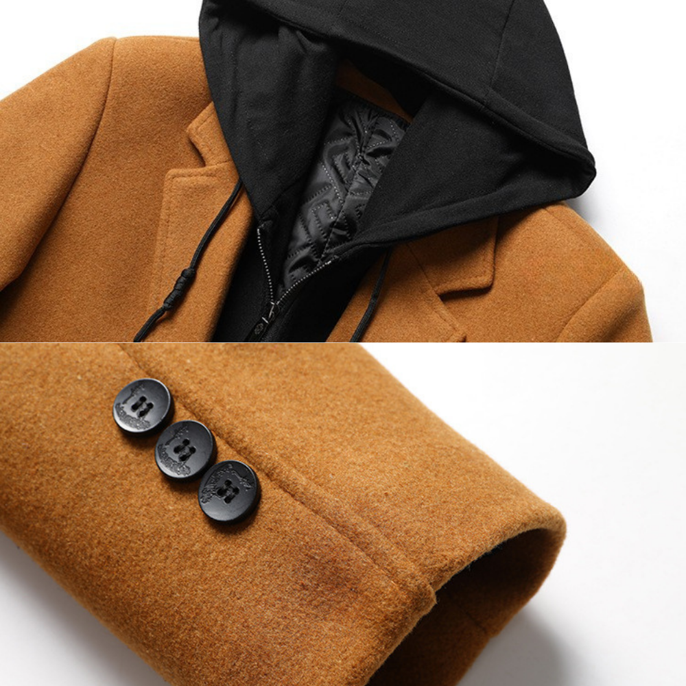 Men's Winter Coat with Hood - Wool Blend Full-Zip Overcoat