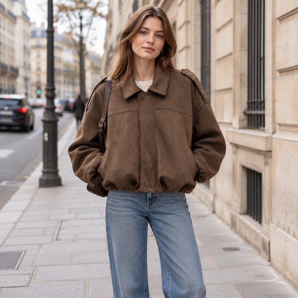 Women's Collared Bomber Jacket - Casual Layering Coat