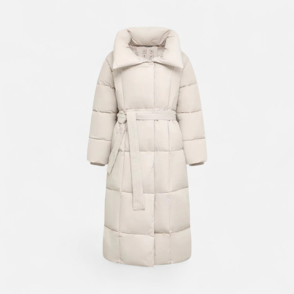 Women's Long Quilted Coat with Belt - Winter Jacket