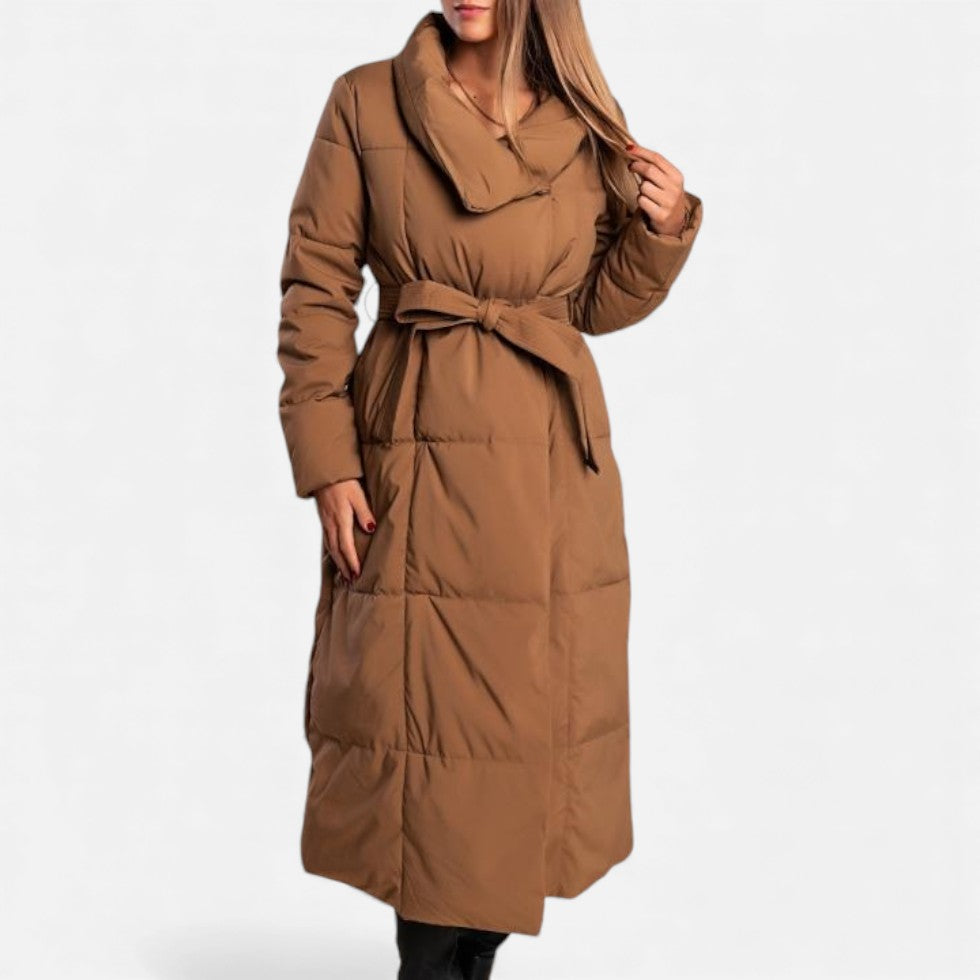 Women's Long Quilted Coat with Belt - Winter Jacket
