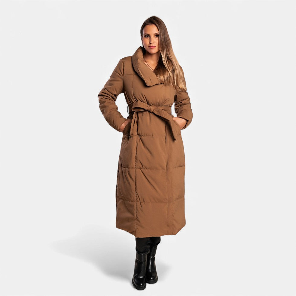 Women's Long Quilted Coat with Belt - Winter Jacket