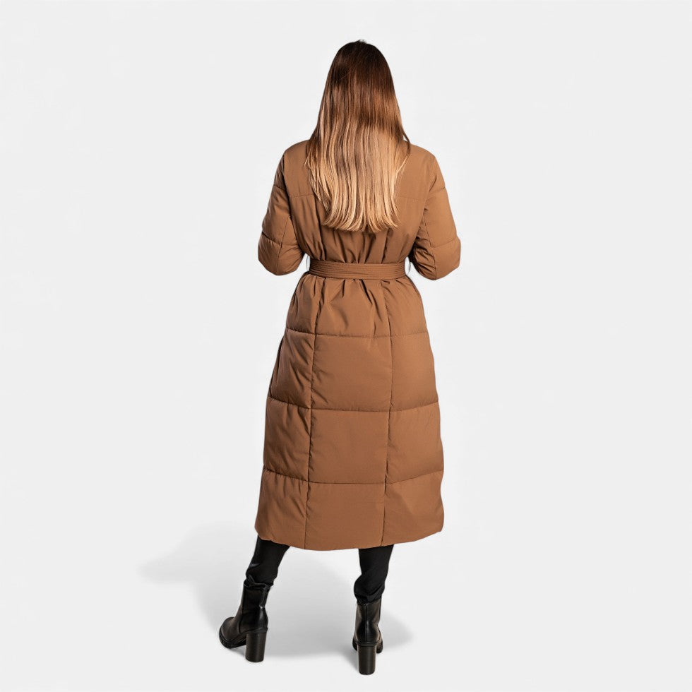 Women's Long Quilted Coat with Belt - Winter Jacket