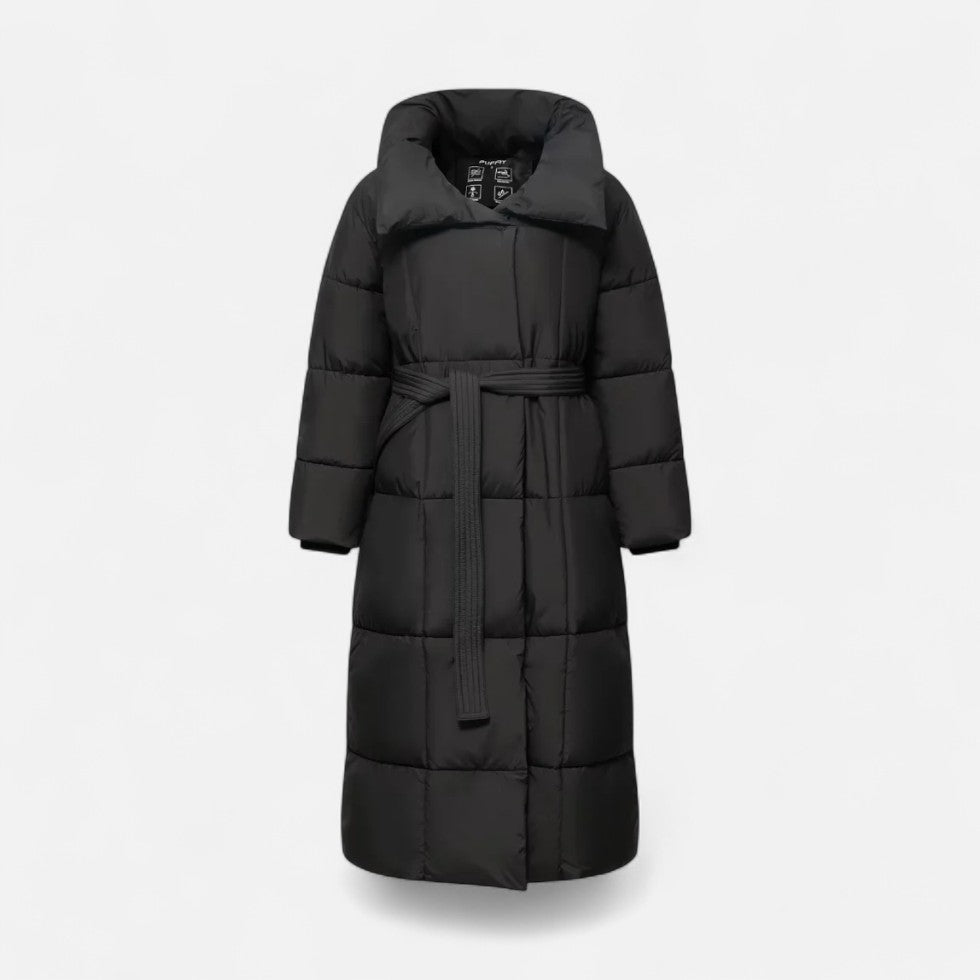 Women's Long Quilted Coat with Belt - Winter Jacket