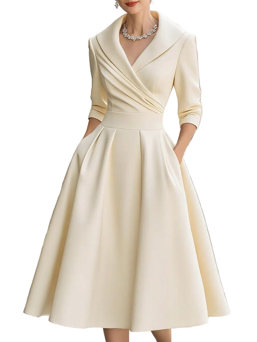 Women's Pleated A-Line Midi Dress with Shawl Collar and Side Pockets