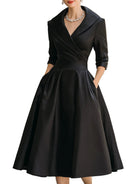 Women's Pleated A-Line Midi Dress with Shawl Collar and Side Pockets