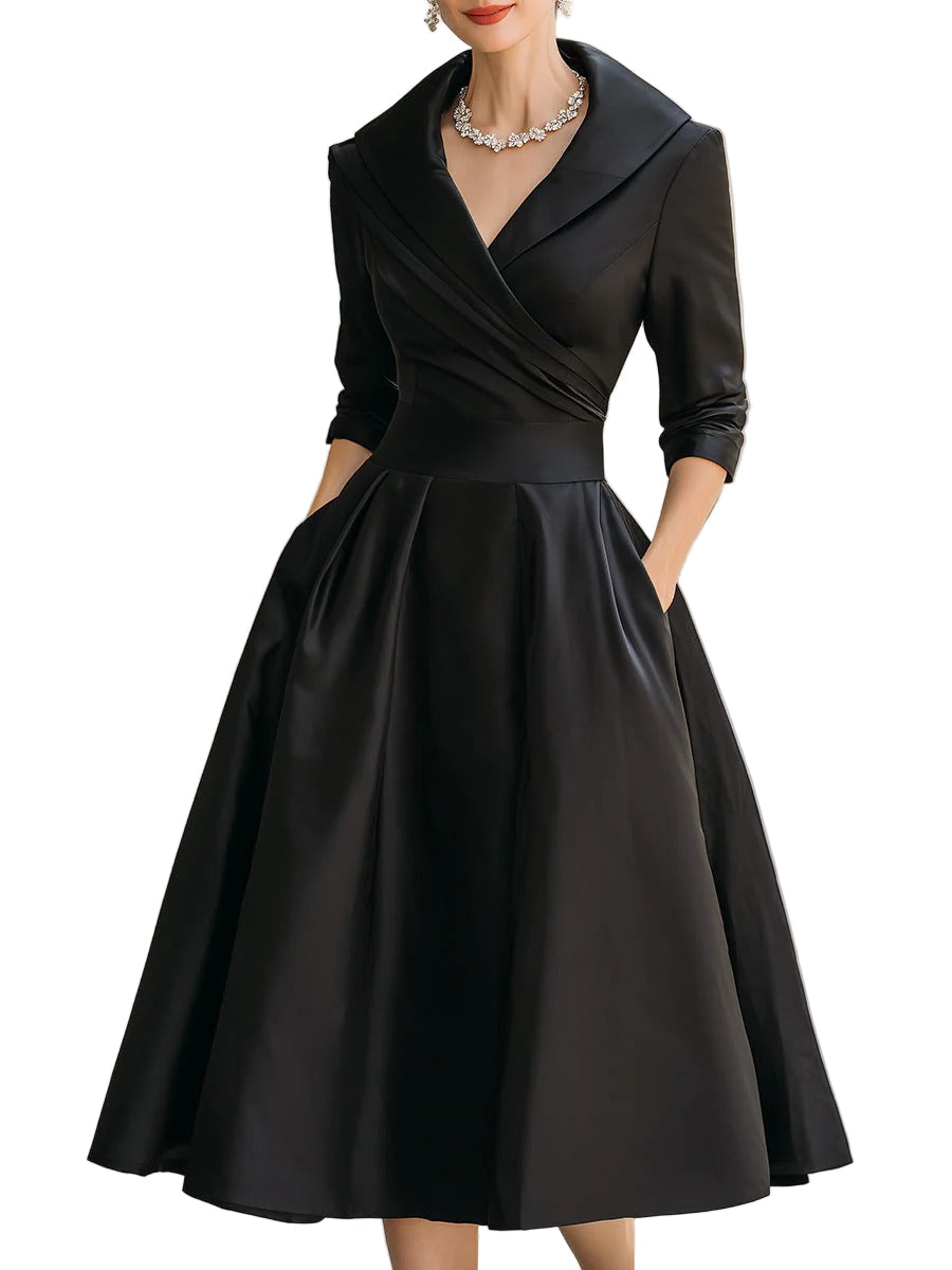 Women's Pleated A-Line Midi Dress with Shawl Collar and Side Pockets