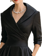 Women's Pleated A-Line Midi Dress with Shawl Collar and Side Pockets