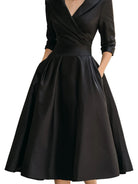 Women's Pleated A-Line Midi Dress with Shawl Collar and Side Pockets