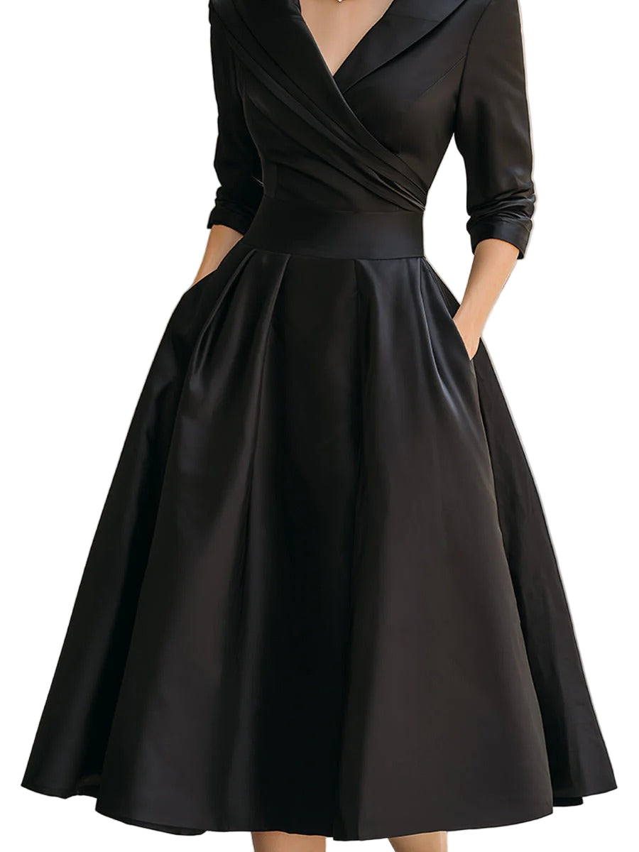 Women's Pleated A-Line Midi Dress with Shawl Collar and Side Pockets