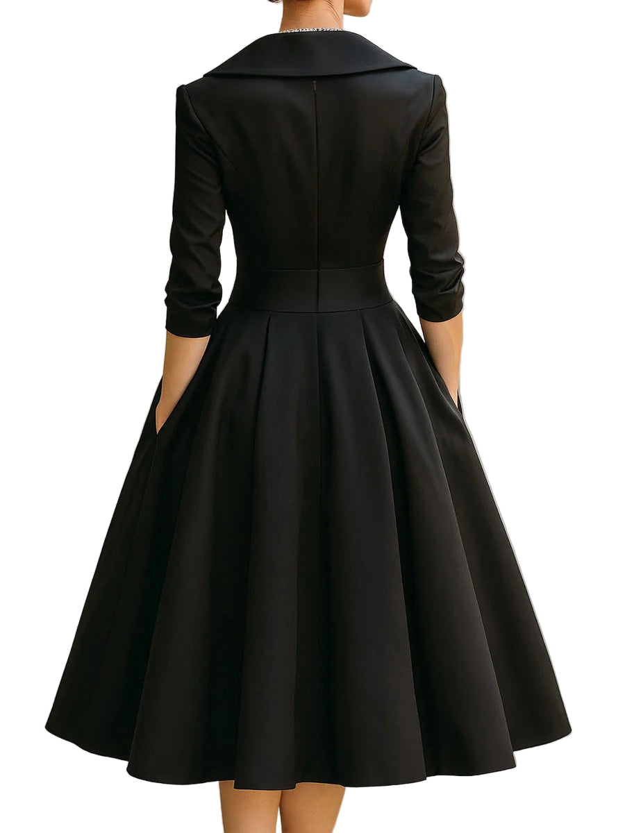 Women's Pleated A-Line Midi Dress with Shawl Collar and Side Pockets
