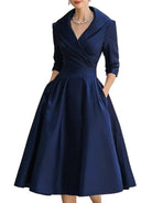 Women's Pleated A-Line Midi Dress with Shawl Collar and Side Pockets