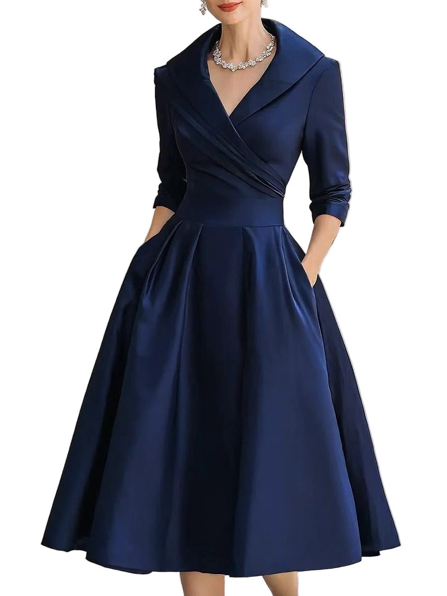 Women's Pleated A-Line Midi Dress with Shawl Collar and Side Pockets