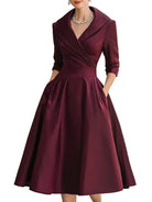 Women's Pleated A-Line Midi Dress with Shawl Collar and Side Pockets