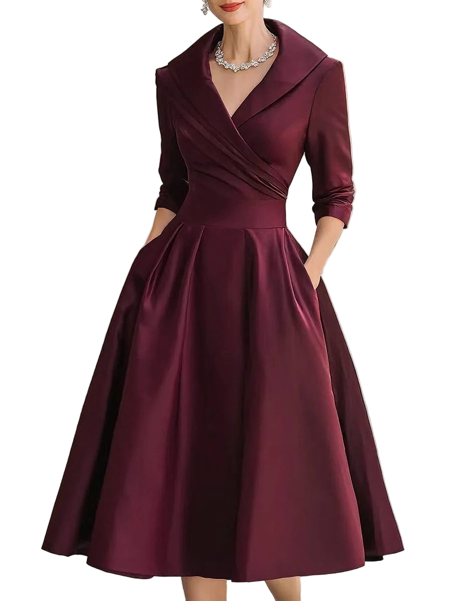 Women's Pleated A-Line Midi Dress with Shawl Collar and Side Pockets