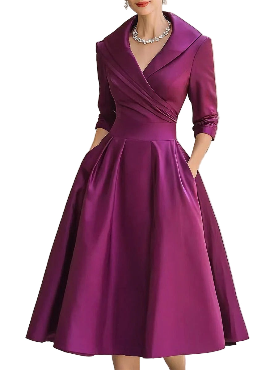 Women's Pleated A-Line Midi Dress with Shawl Collar and Side Pockets