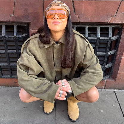 Suede Jacket | Oversized damesjas van suède met vintage look en gestructureerde schouders