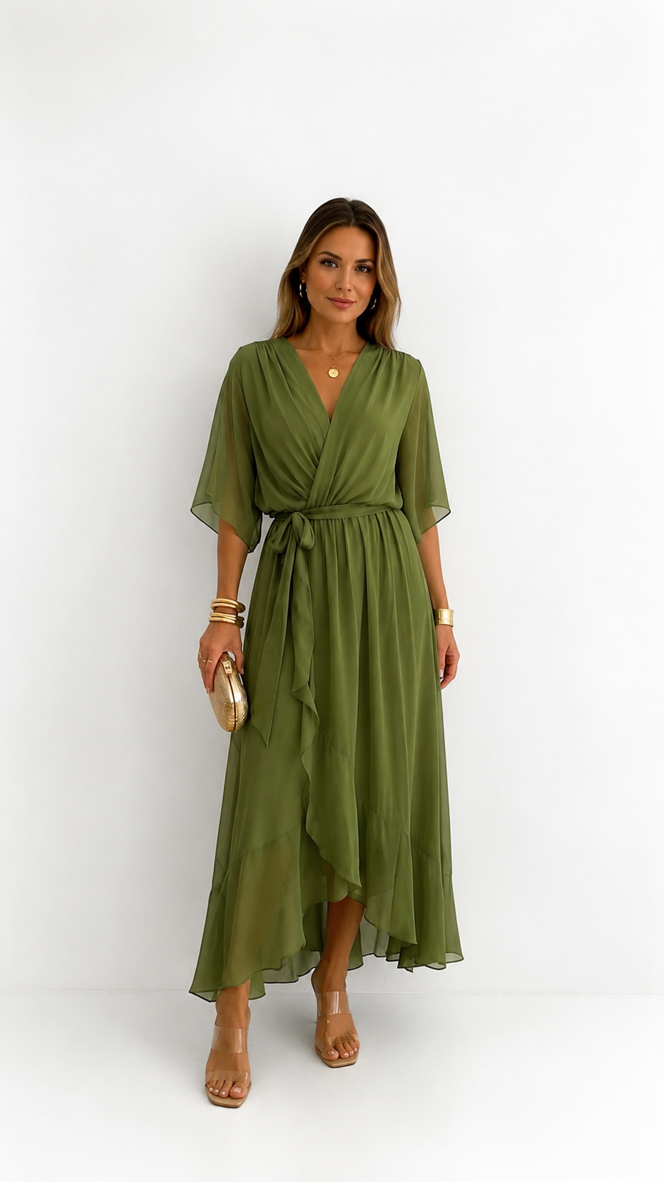 Women's Chiffon Wrap Dress with Flowing Sleeves