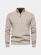 Julian geribbelde half-zip trui in beige, vooraanzicht
