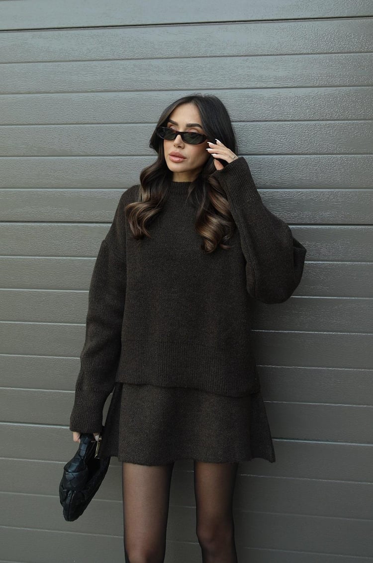 Women's Knit Sweater and Skirt Set - Oversized Top with Fitted Skirt