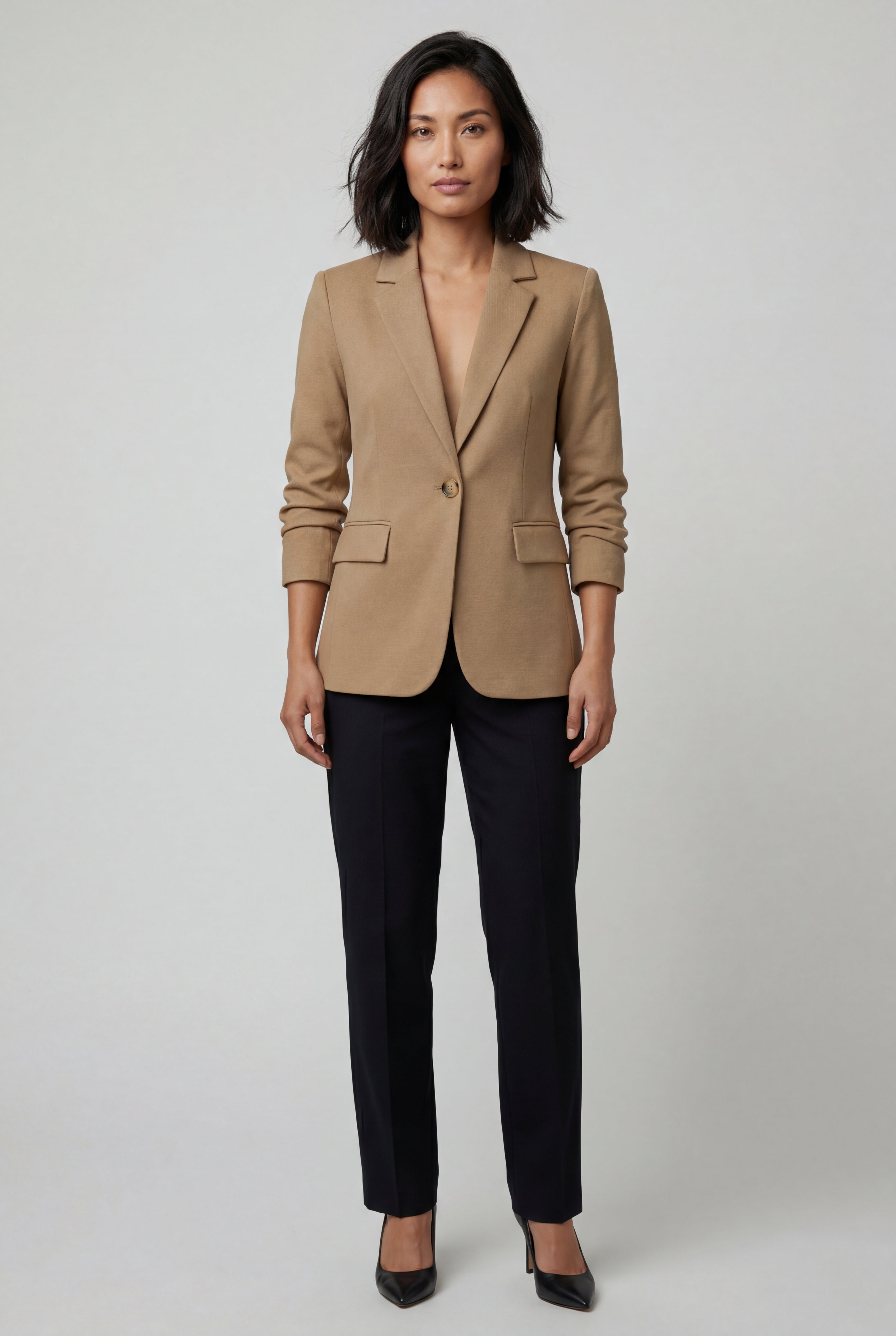 Khaki Fitted Single-breasted Blazer with Classic Lapel - Blazers - Photo 1